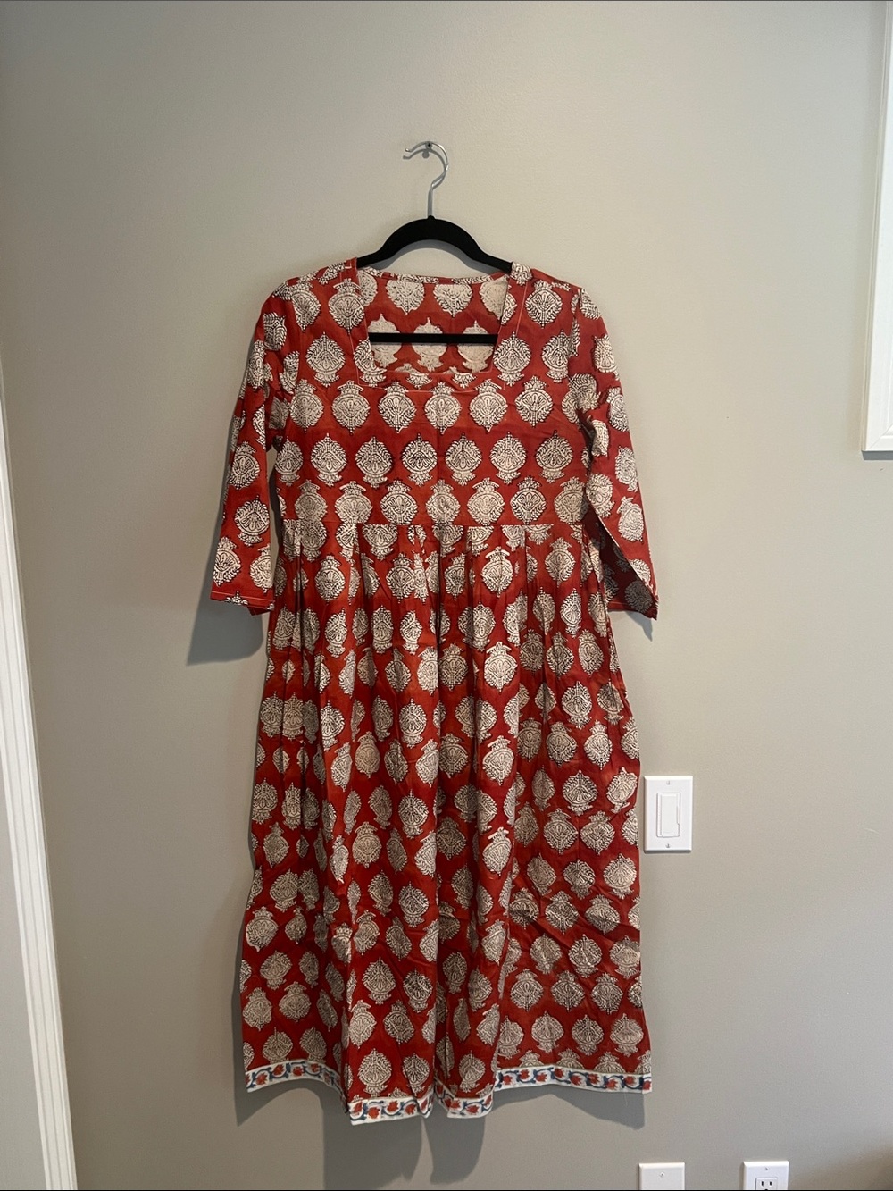 Red and Cream Printed Midi Dress